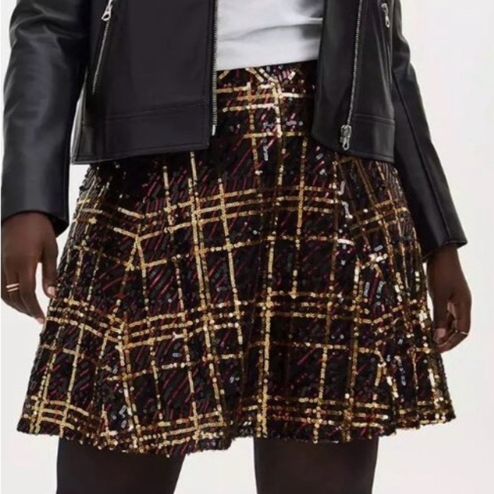 Torrid Sequin Plaid Mini Skater Skirt - Black and Gold with sequins size 1 (1x)
